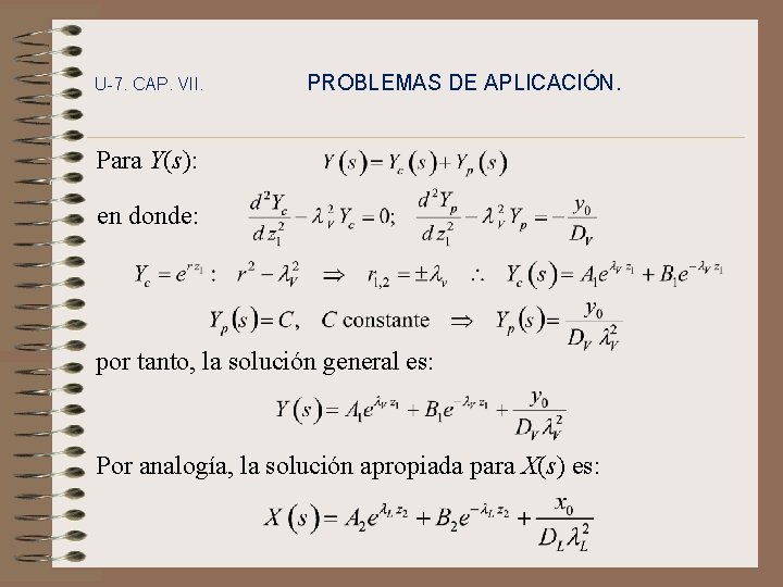 U-7. CAP. VII. PROBLEMAS DE APLICACIÓN. Para Y(s): en donde: por tanto, la solución