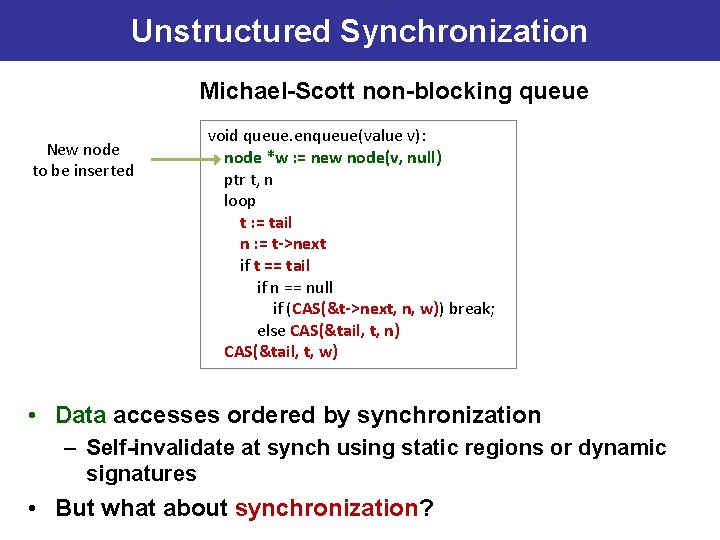 Unstructured Synchronization Michael-Scott non-blocking queue New node to be inserted void queue. enqueue(value v):