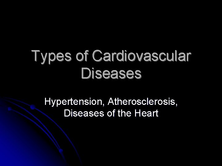 Types of Cardiovascular Diseases Hypertension, Atherosclerosis, Diseases of the Heart 