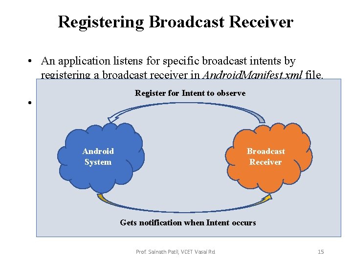 Registering Broadcast Receiver • An application listens for specific broadcast intents by registering a