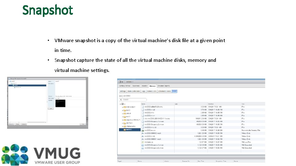 Snapshot • VMware snapshot is a copy of the virtual machine’s disk file at