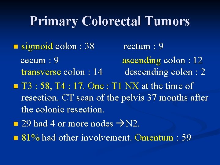 Primary Colorectal Tumors sigmoid colon : 38 rectum : 9 cecum : 9 ascending
