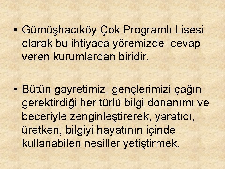  • Gümüşhacıköy Çok Programlı Lisesi olarak bu ihtiyaca yöremizde cevap veren kurumlardan biridir.