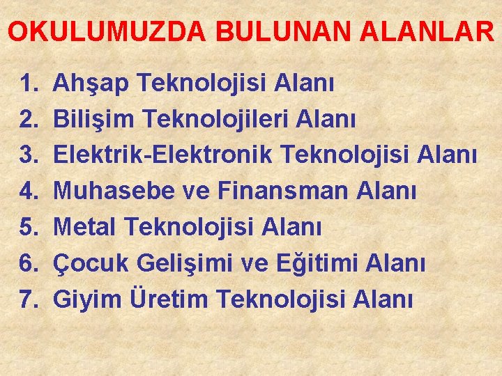 OKULUMUZDA BULUNAN ALANLAR 1. 2. 3. 4. 5. 6. 7. Ahşap Teknolojisi Alanı Bilişim