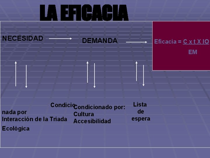 LA EFICACIA NECESIDAD DEMANDA Eficacia = C x t X IO EM Condicionado por: