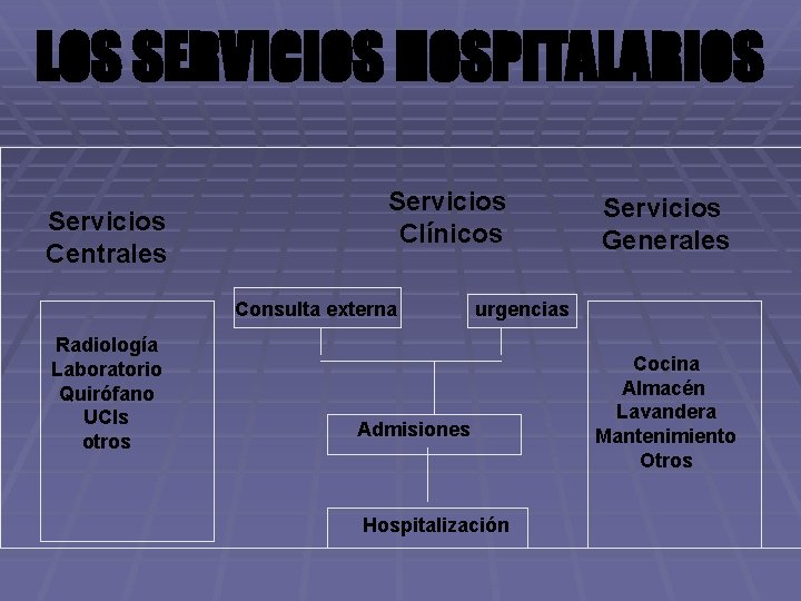 LOS SERVICIOS HOSPITALARIOS Servicios Centrales Servicios Clínicos Consulta externa Radiología Laboratorio Quirófano UCIs otros
