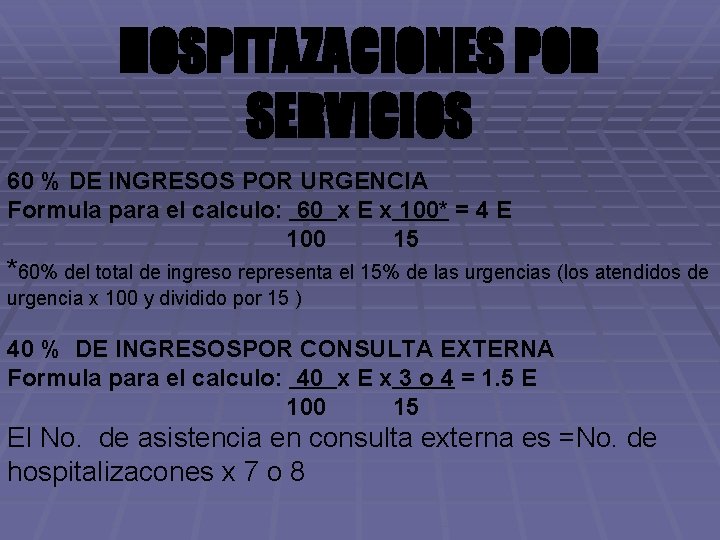 HOSPITAZACIONES POR SERVICIOS 60 % DE INGRESOS POR URGENCIA Formula para el calculo: 60