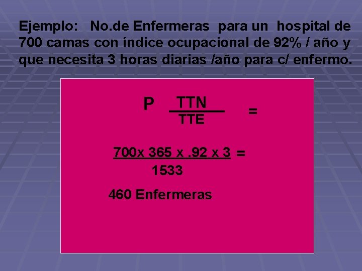Ejemplo: No. de Enfermeras para un hospital de 700 camas con índice ocupacional de