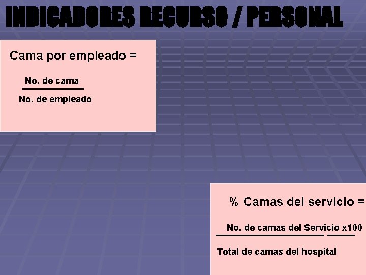 INDICADORES RECURSO / PERSONAL Cama por empleado = % No. de cama _____ No.