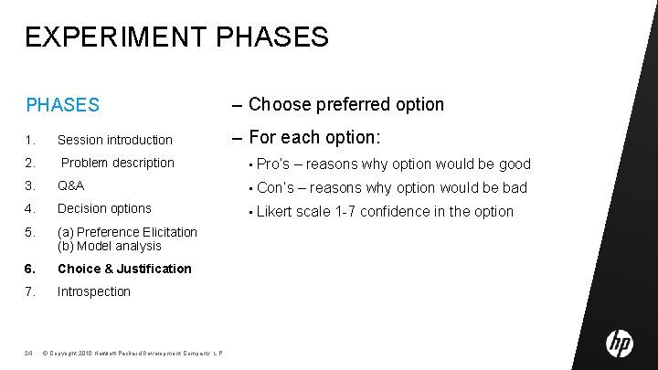EXPERIMENT PHASES – Choose preferred option 1. Session introduction – For each option: 2.
