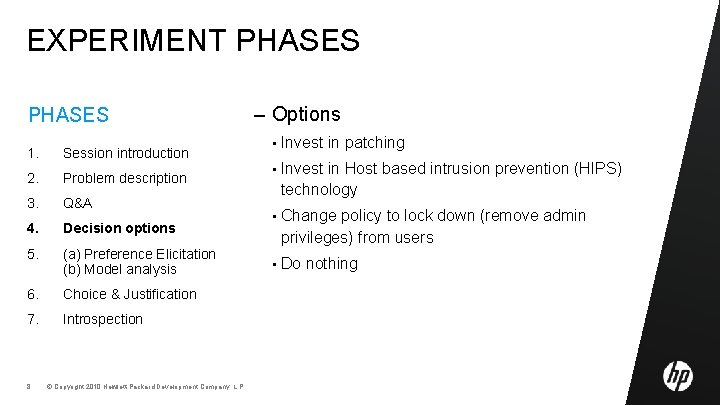 EXPERIMENT PHASES 1. Session introduction 2. Problem description 3. Q&A 4. Decision options 5.