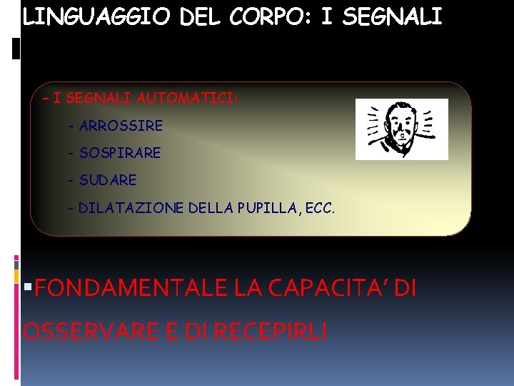 LINGUAGGIO DEL CORPO: I SEGNALI – I SEGNALI AUTOMATICI: - ARROSSIRE - SOSPIRARE -