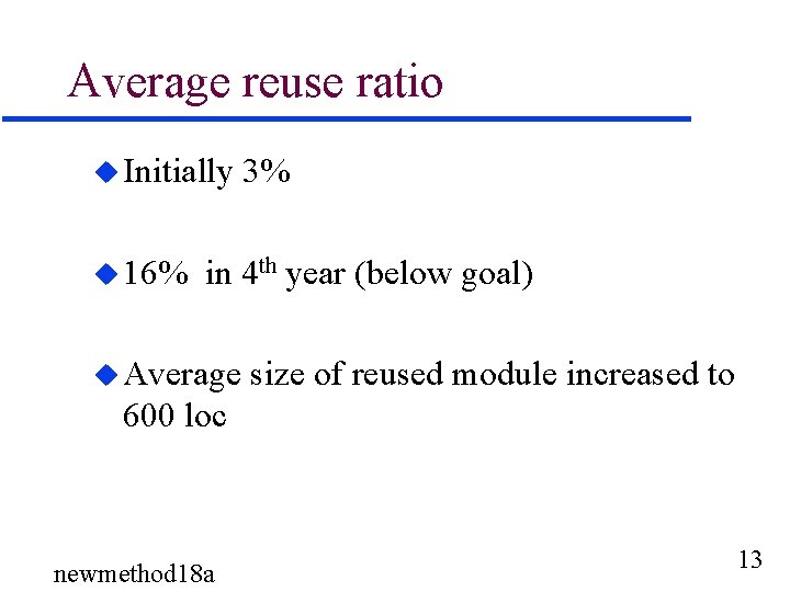 Average reuse ratio u Initially u 16% 3% in 4 th year (below goal)