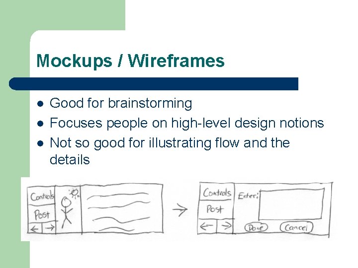 Mockups / Wireframes l l l Good for brainstorming Focuses people on high-level design