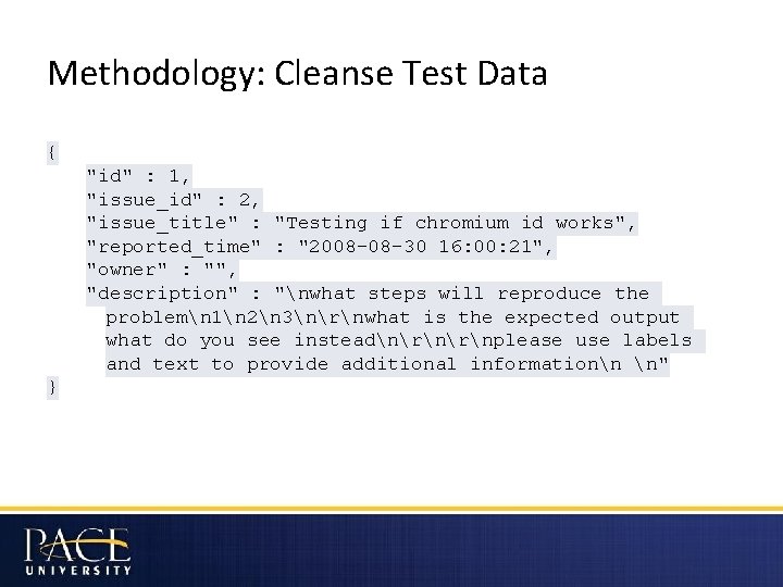 Methodology: Cleanse Test Data { "id" : 1, "issue_id" : 2, "issue_title" : "Testing