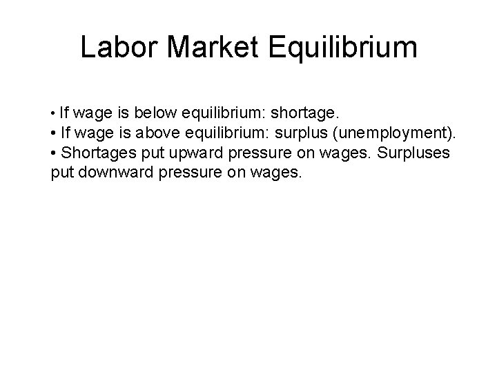 Labor Market Equilibrium • If wage is below equilibrium: shortage. • If wage is
