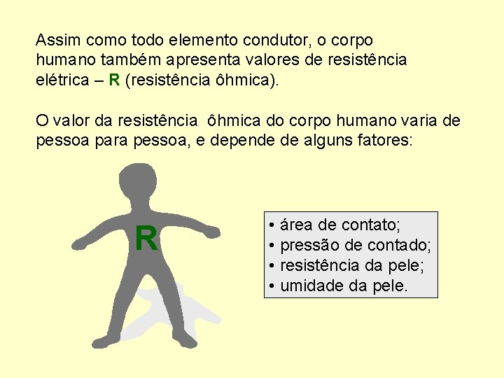 Assim como todo elemento condutor, o corpo humano também apresenta valores de resistência elétrica