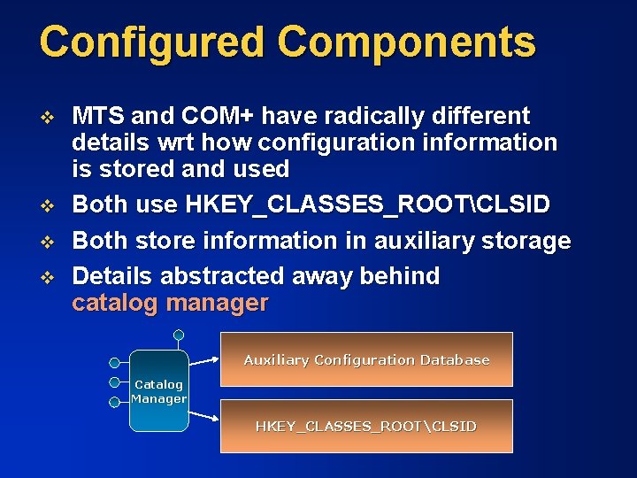 Configured Components v v MTS and COM+ have radically different details wrt how configuration