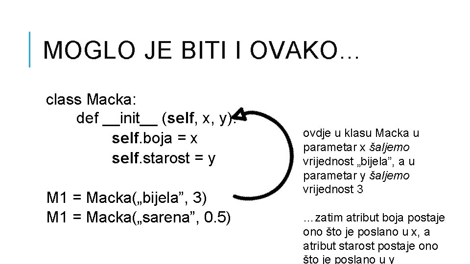 MOGLO JE BITI I OVAKO… class Macka: def __init__ (self, x, y): self. boja