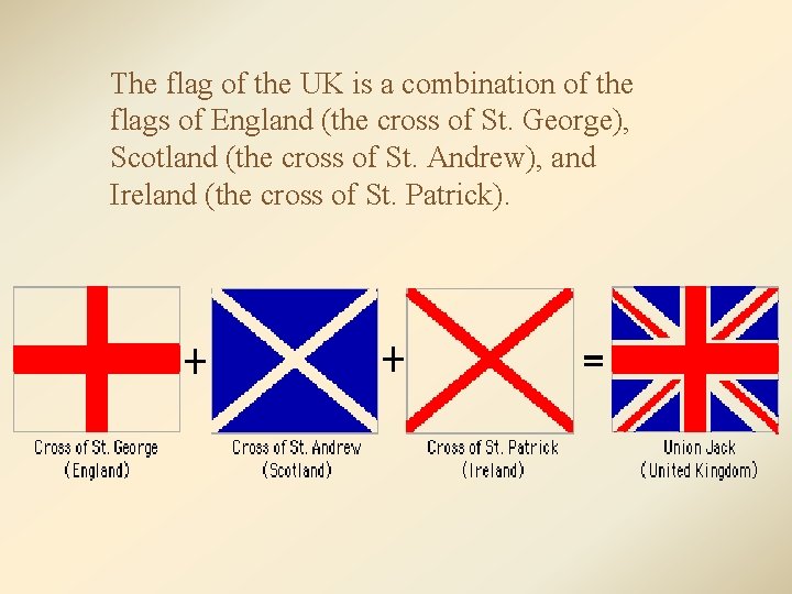 The flag of the UK is a combination of the flags of England (the