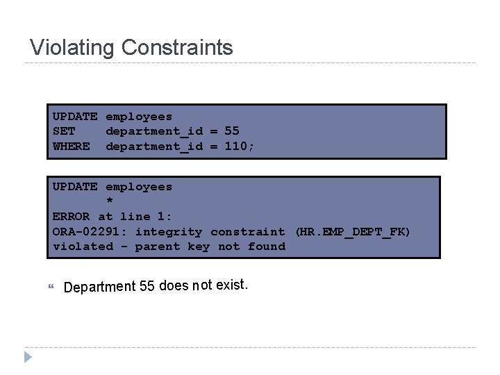 Violating Constraints UPDATE employees SET department_id = 55 WHERE department_id = 110; UPDATE employees Violating Constraints UPDATE employees SET department_id = 55 WHERE department_id = 110; UPDATE employees