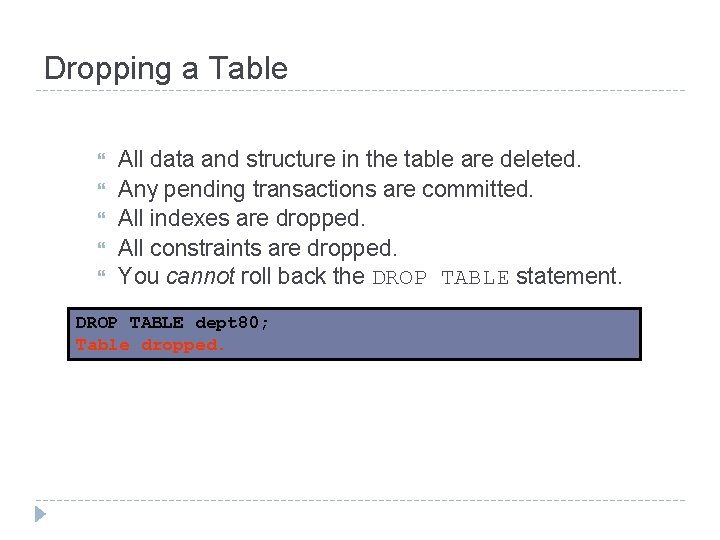 Dropping a Table All data and structure in the table are deleted. Any pending Dropping a Table All data and structure in the table are deleted. Any pending