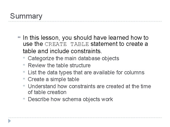 Summary In this lesson, you should have learned how to use the CREATE TABLE Summary In this lesson, you should have learned how to use the CREATE TABLE