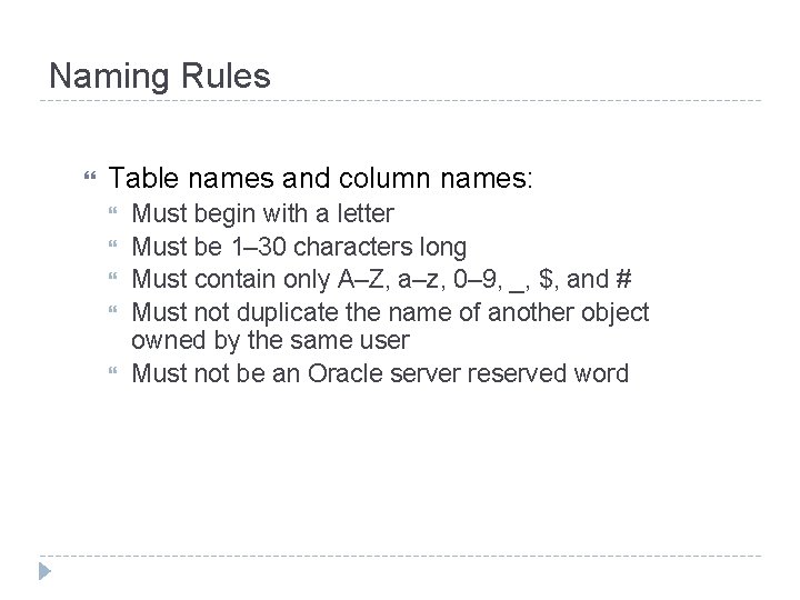 Naming Rules Table names and column names: Must begin with a letter Must be Naming Rules Table names and column names: Must begin with a letter Must be