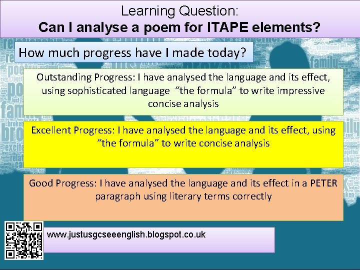 Learning Question: Can I analyse a poem for ITAPE elements? How much progress have