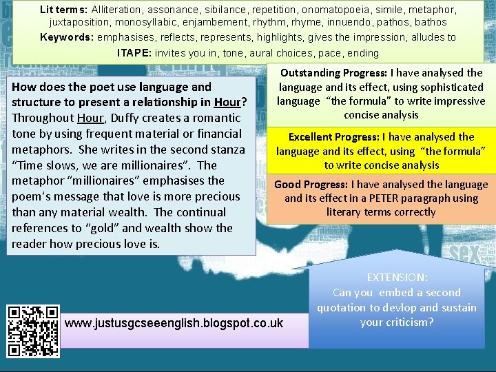 Lit terms: Alliteration, assonance, sibilance, repetition, onomatopoeia, simile, metaphor, juxtaposition, monosyllabic, enjambement, rhythm, rhyme,