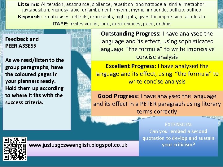 Lit terms: Alliteration, assonance, sibilance, repetition, onomatopoeia, simile, metaphor, juxtaposition, monosyllabic, enjambement, rhythm, rhyme,