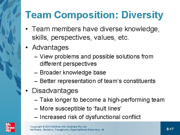 Team Composition: Diversity • Team members have diverse knowledge, skills, perspectives, values, etc. •