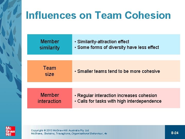 Influences on Team Cohesion Member similarity • Similarity-attraction effect • Some forms of diversity