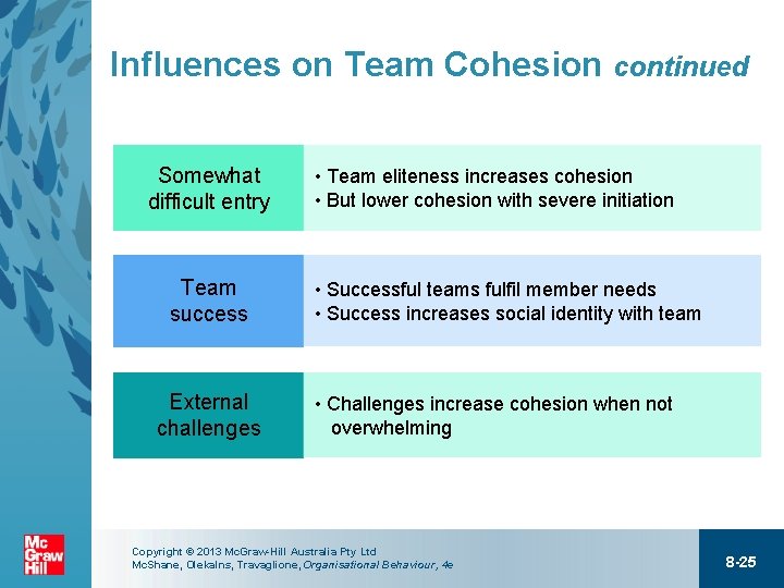 Influences on Team Cohesion continued Somewhat difficult entry Team success External challenges • Team