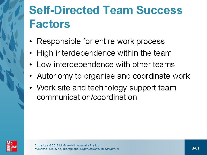 Self-Directed Team Success Factors • • • Responsible for entire work process High interdependence