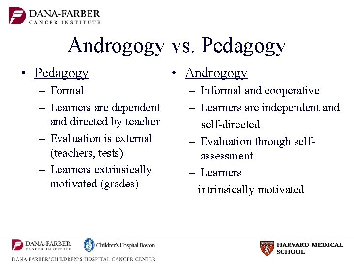 Androgogy vs. Pedagogy • Pedagogy – Formal – Learners are dependent and directed by