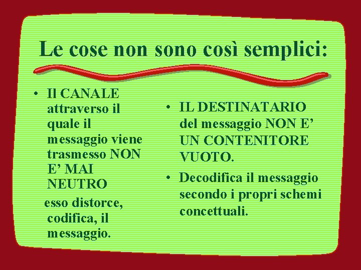 Le cose non sono così semplici: • Il CANALE attraverso il quale il messaggio