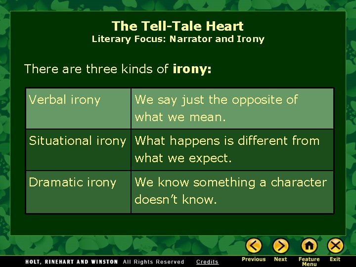 The Tell-Tale Heart Literary Focus: Narrator and Irony There are three kinds of irony: