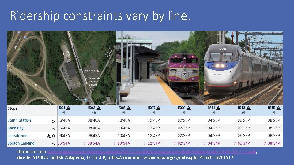 Ridership constraints vary by line. Photo sources: www. mapc. org/wp-content/uploads/2017/11/Littleton-Commuter-Rail-Parking-Study-FINAL-10 -7 -14. pdf, Shreder