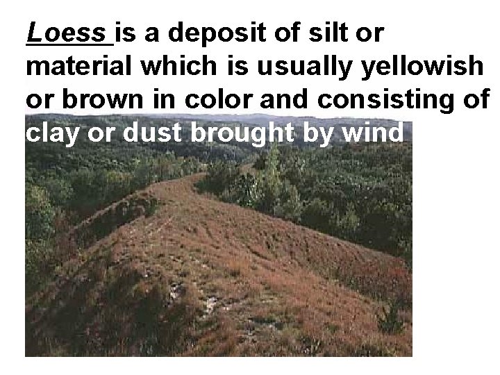 Loess is a deposit of silt or material which is usually yellowish or brown