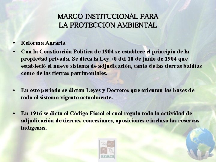 MARCO INSTITUCIONAL PARA LA PROTECCION AMBIENTAL • Reforma Agraria • Con la Constitución Política