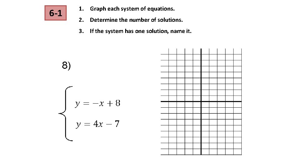 6 -1 1. Graph each system of equations. 2. Determine the number of solutions. 6 -1 1. Graph each system of equations. 2. Determine the number of solutions.