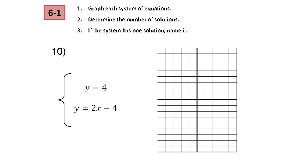 6 -1 1. Graph each system of equations. 2. Determine the number of solutions. 6 -1 1. Graph each system of equations. 2. Determine the number of solutions.