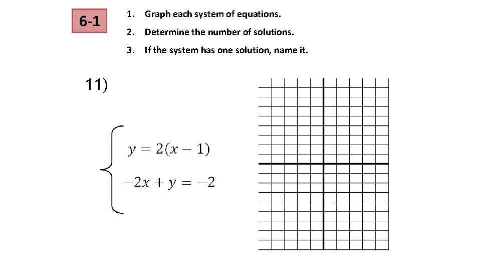6 -1 1. Graph each system of equations. 2. Determine the number of solutions. 6 -1 1. Graph each system of equations. 2. Determine the number of solutions.