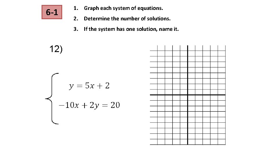 6 -1 1. Graph each system of equations. 2. Determine the number of solutions. 6 -1 1. Graph each system of equations. 2. Determine the number of solutions.