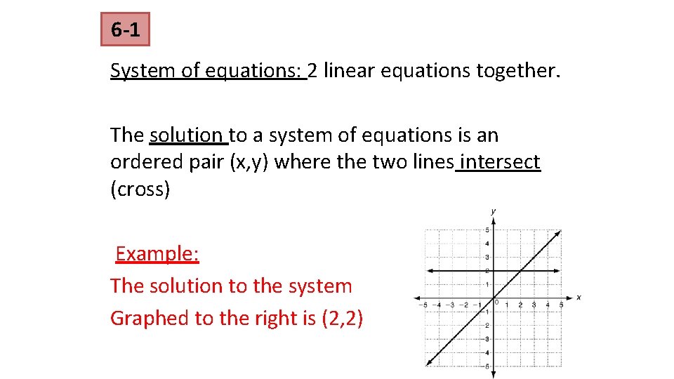 6 -1 System of equations: 2 linear equations together. The solution to a system 6 -1 System of equations: 2 linear equations together. The solution to a system