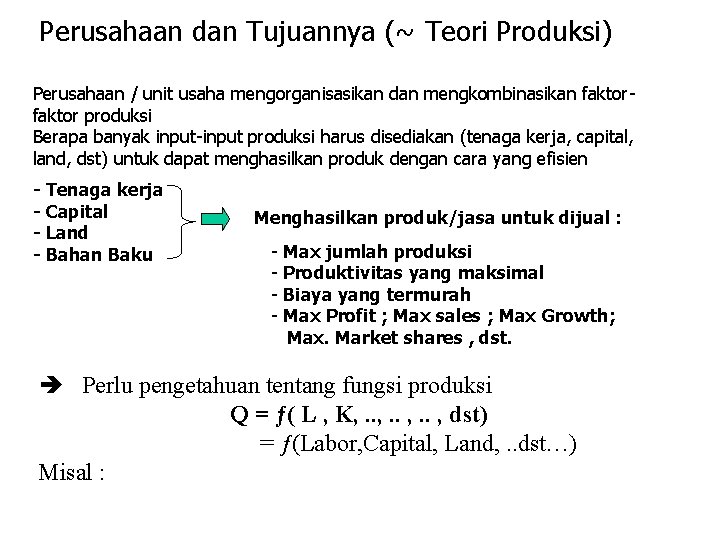 Perusahaan dan Tujuannya (~ Teori Produksi) Perusahaan / unit usaha mengorganisasikan dan mengkombinasikan faktor