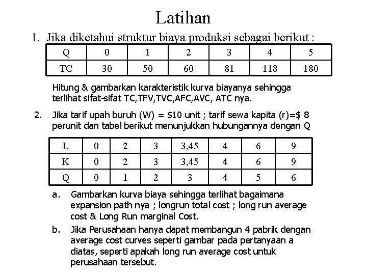 Latihan 1. Jika diketahui struktur biaya produksi sebagai berikut : Q 0 1 2