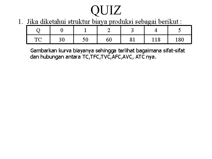 QUIZ 1. Jika diketahui struktur biaya produksi sebagai berikut : Q 0 1 2