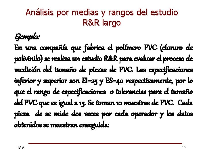 Análisis por medias y rangos del estudio R&R largo Ejemplo: En una compañía que